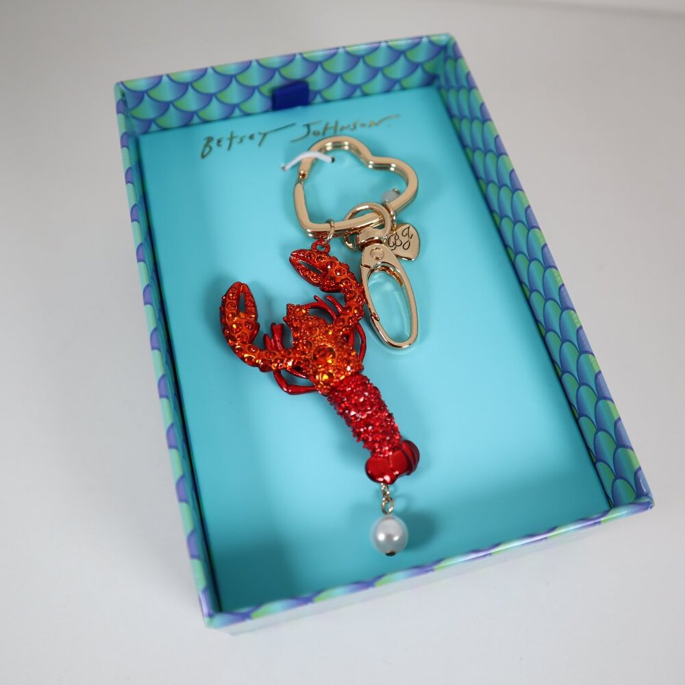 Betsey Johnson Crystal Red Lobster Gold Tone Keychain Bag Charm NIB